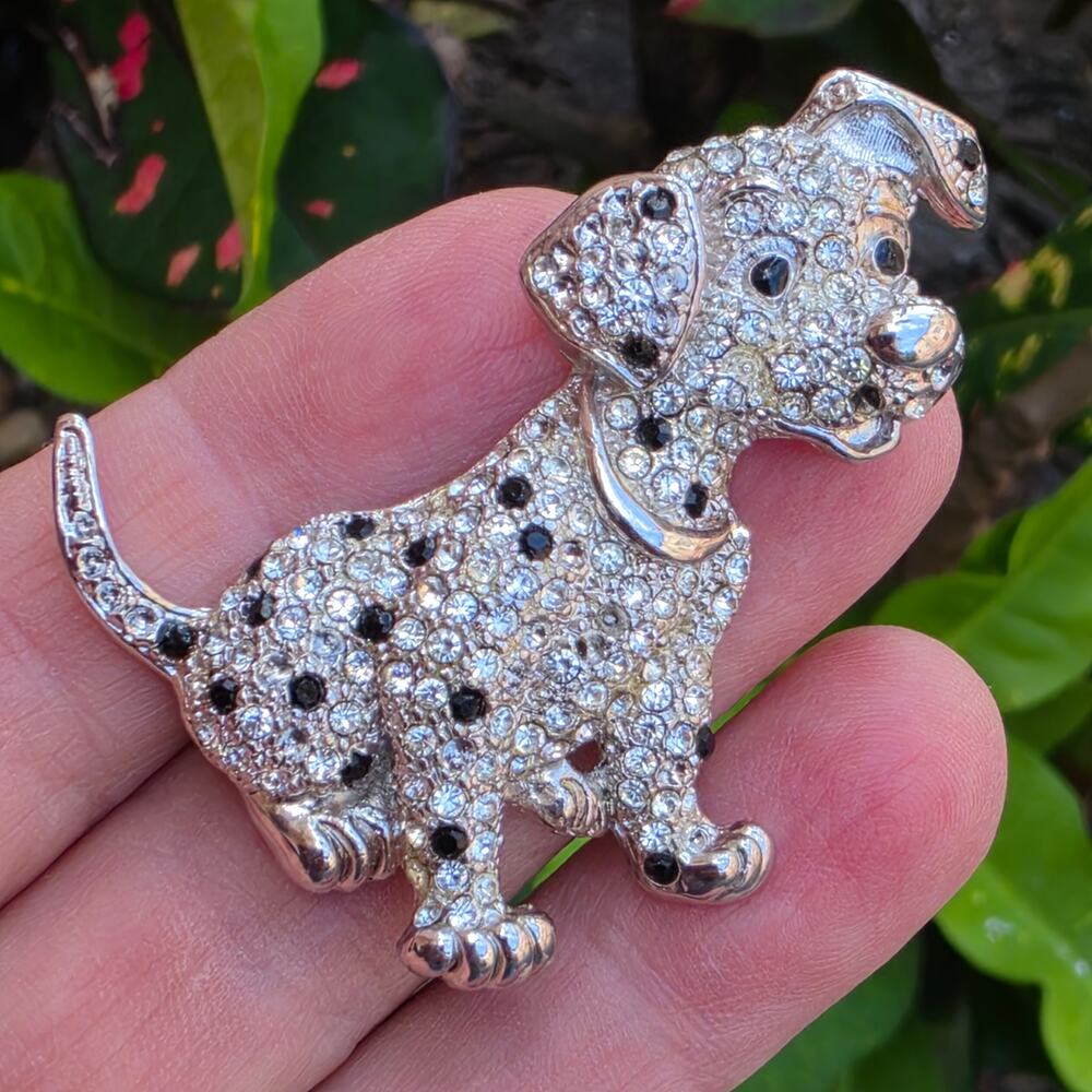 Vintage Pave Crystal Silver Tone Dalmatian Dog Brooch or Pin, ADORABLE!